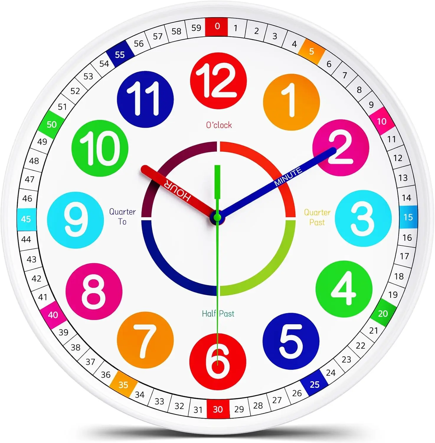 8 Inch White Non-Ticking Time Learning Wall Clock - Colorful Playful Battery-Operated Teaching Clock for Kids, Ideal for Bedrooms & Room Decor (Toys & Hobbies Specialty DIY Supply)