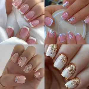 96pcs French Glitter Nails, Short Square Press-On Tips, Gradient Heart Design, Metal Trim, Summer Manicure Essentials