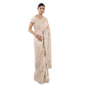 Satin Silk saree with bead work embroidery -  Biege