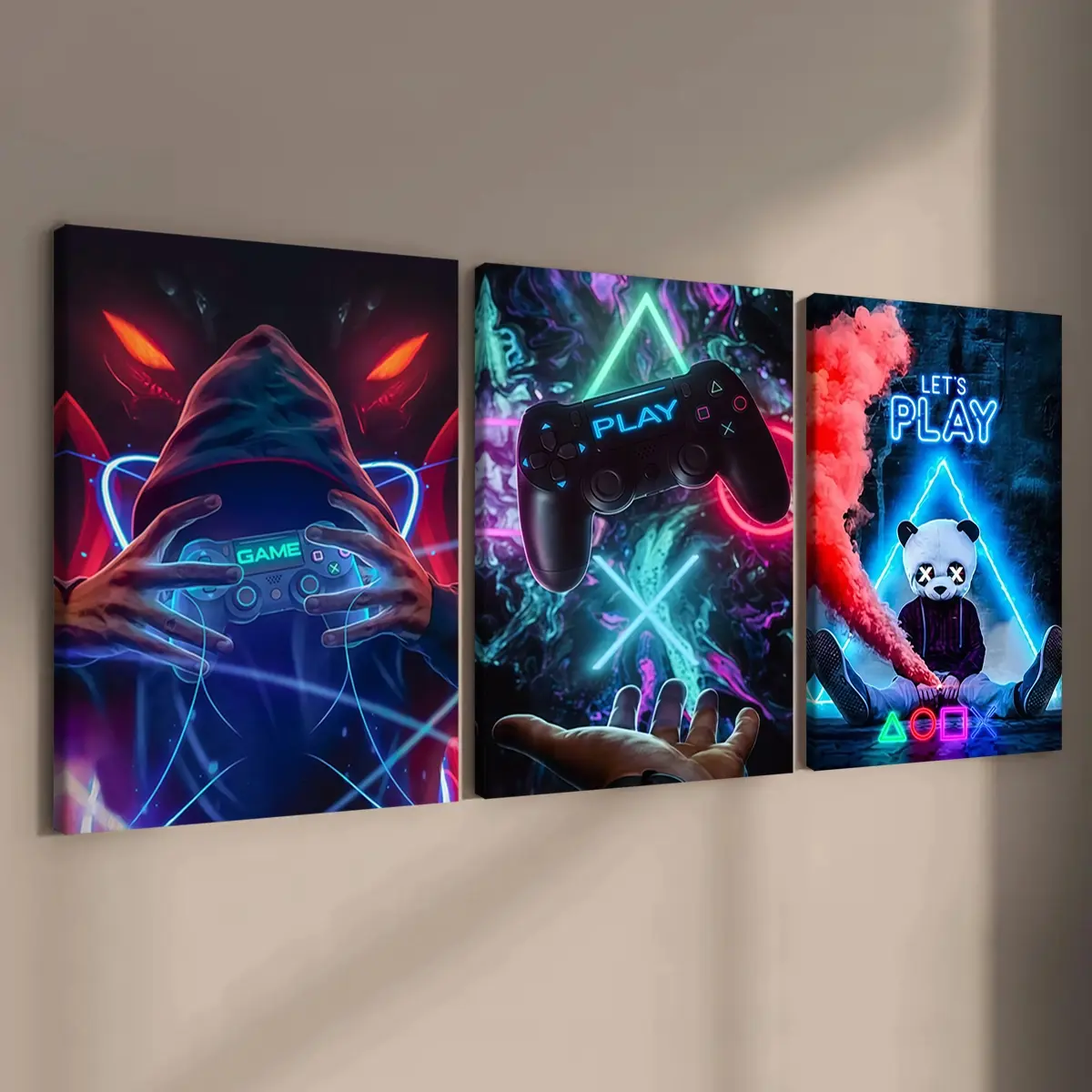 3-count wooden frame canvas, neon game console print posters, Canvas Wall Art, Vibrant gaming theme, home decoration, high definition, waterproof, artworks, Creative Wall Art, Graphic Prints