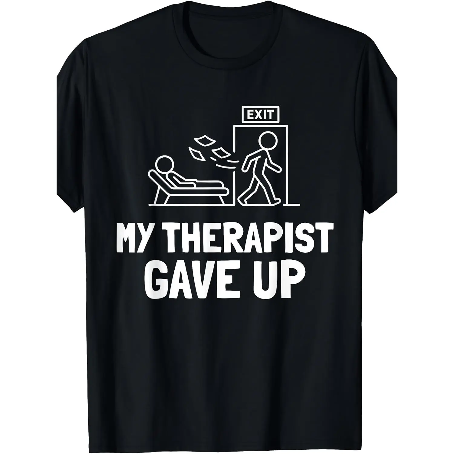 Women's Breathable Cotton Graphic T-shirt - Unisex Crew Neck Short Sleeve, "My Therapist Gave Up" Stick Figure Design, Humorous Mental Health Theme, Machine Washable, Pairs with Jeans, Casual Street Wear Top, All Seasons
