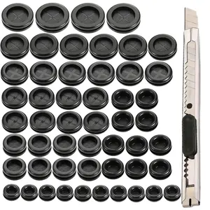 53Pcs/Set Round Rubber Plug Hole Grommet Tool,Including 52 Black Double Sided Electrical Firewall Gasket with 1 Knife for Protecting Cable Wire Hole Plug Assortment Automotive Supply,Tools & Hardware
