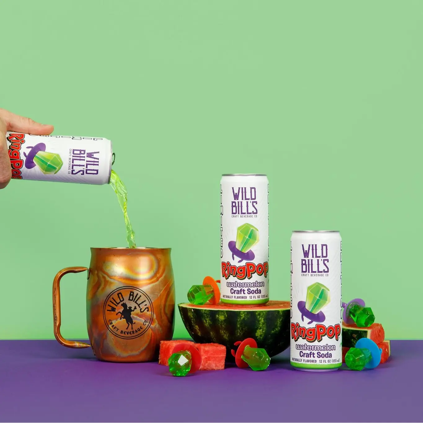 Wild Bill's Ring Pop Soda Watermelon Pure Cane Sugar 12-Pack Cans 12 oz Caffeine-Free Gluten-Free Vegan Refreshing Juicy Nostalgia Flavor Beverage