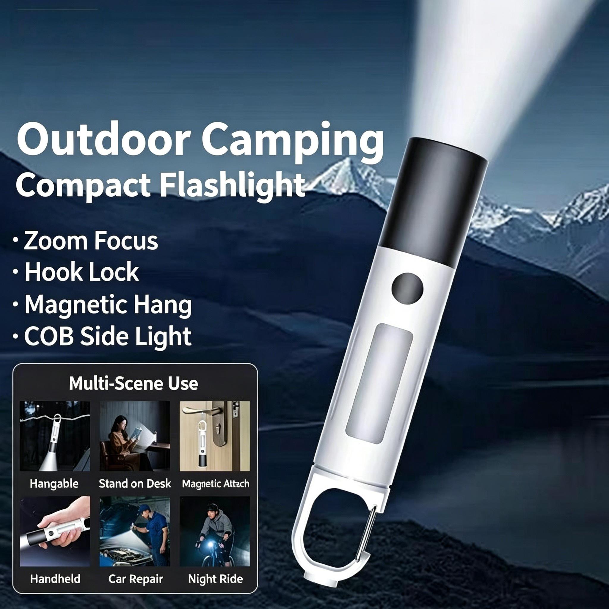 Portable Waterproof Retractable Zoomable Magnetic Plastic LED Flashlight with Side COB Light, Cordless Super Bright Carabiner Hanging Torch for Auto Repair Technicians, Hands-Free Tool Belt Compatible Car/Outdoor Work Light, Backpacks, Tool Belts