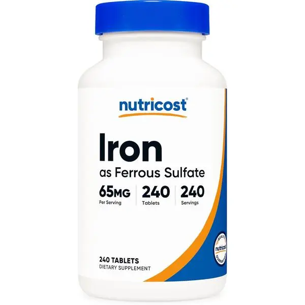 Nutricost Ferrous Sulfate Iron Dietary Supplement - 65mg per Serving, 240 Tablets, Minerals, Vegan Iron Vitamins Supplements, Vegetarian, NSF Certified, GMO Free, Gluten-Free, FDA Registered Facility, Supports Blood Health, Does Not Contain Lactose