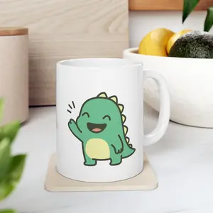 Cute Waving Dinosaur Mug | Kawaii Dino Ceramic Coffee Cup