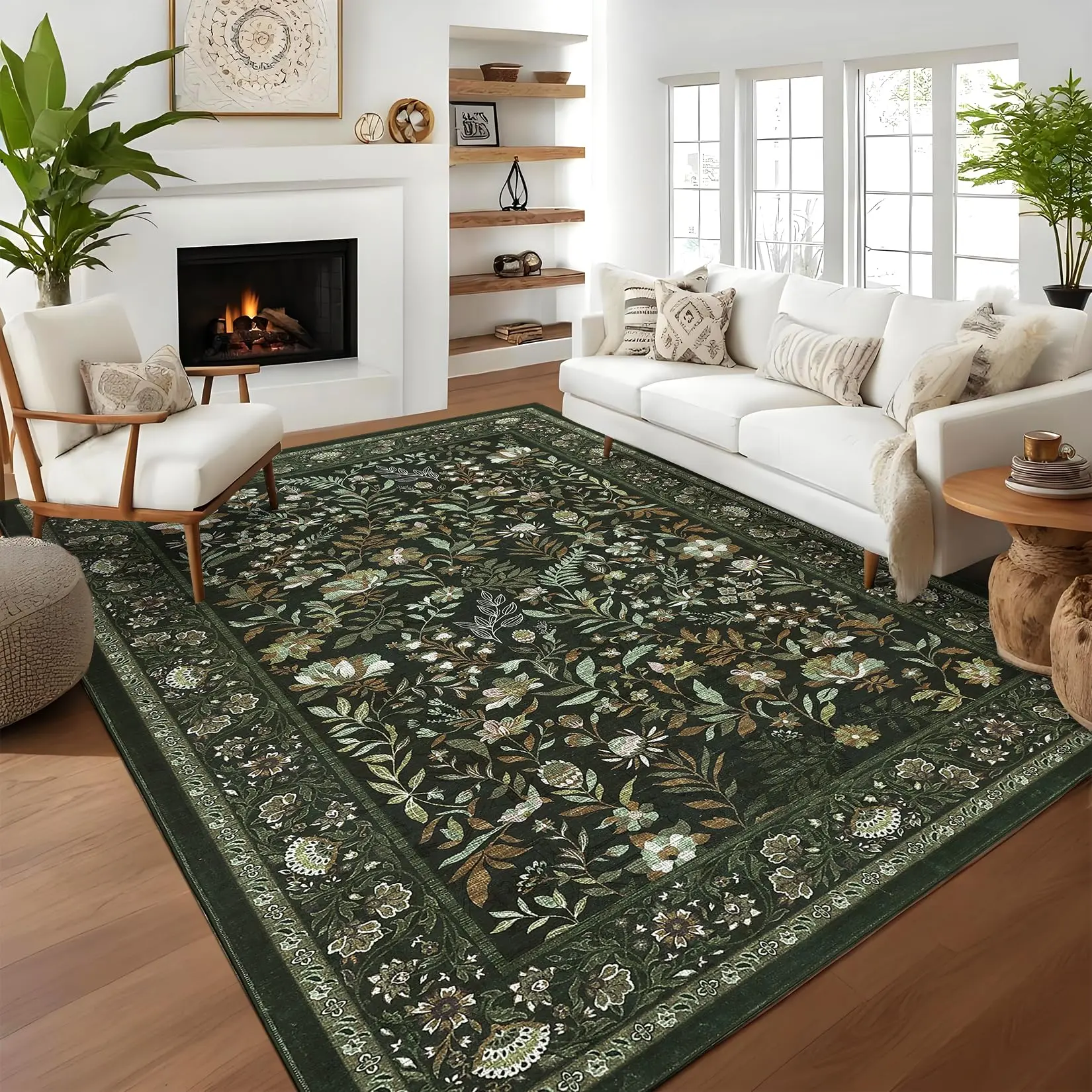 Washable Area Rugs 5x7 Ultra-Soft Botanical Floral Throw Carpet, Stain-Resistant Farmhouse Indoor Floor Mats, Easy Cleaning Non-Slip Accent Rug for Living Room, Bedroom, Dark Green