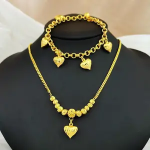 Dubai 24K Gold Plated Exquisite Women's Luxury Love Necklace Middle Eastern Elegant Heart Bracelet Copper Jewelry Two Piece Set