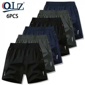 6-piece set, men's zipper pocket thin breathable quick drying fabric shorts, summer ice silk beach shorts, ice fast drying sports and leisure pants, basketball shorts, reflective strip design, men's wear, plain pants, suitable for running and fitness
