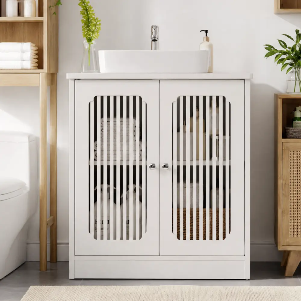littleox White Louvered Double Door Floor Standing Bathroom Vanity Washbasin Cabinet Without Basin Freestanding Bathroom Floor Storage Cabinet and Organizer Unit