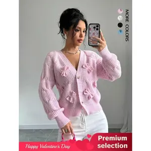 Women’s plain raglan-sleeve sweater cardigan with a front bow, casual long-sleeve button-front knitwear for autumn and winter, fashionable women’s knitwear for daily wear and Valentine’s Day, gift (gift), womenswear tops