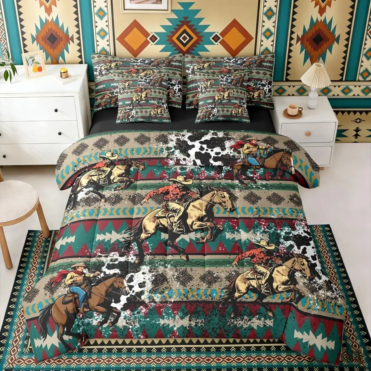 Fur Print Cowboy Red Blue Brown Aztec Comforter Set 7 Pieces | Tribal Bohemian Ethnic Bed in A Bag Farmhouse Rustic Cowhide Pattern Bed Set Retro Adults Bedding