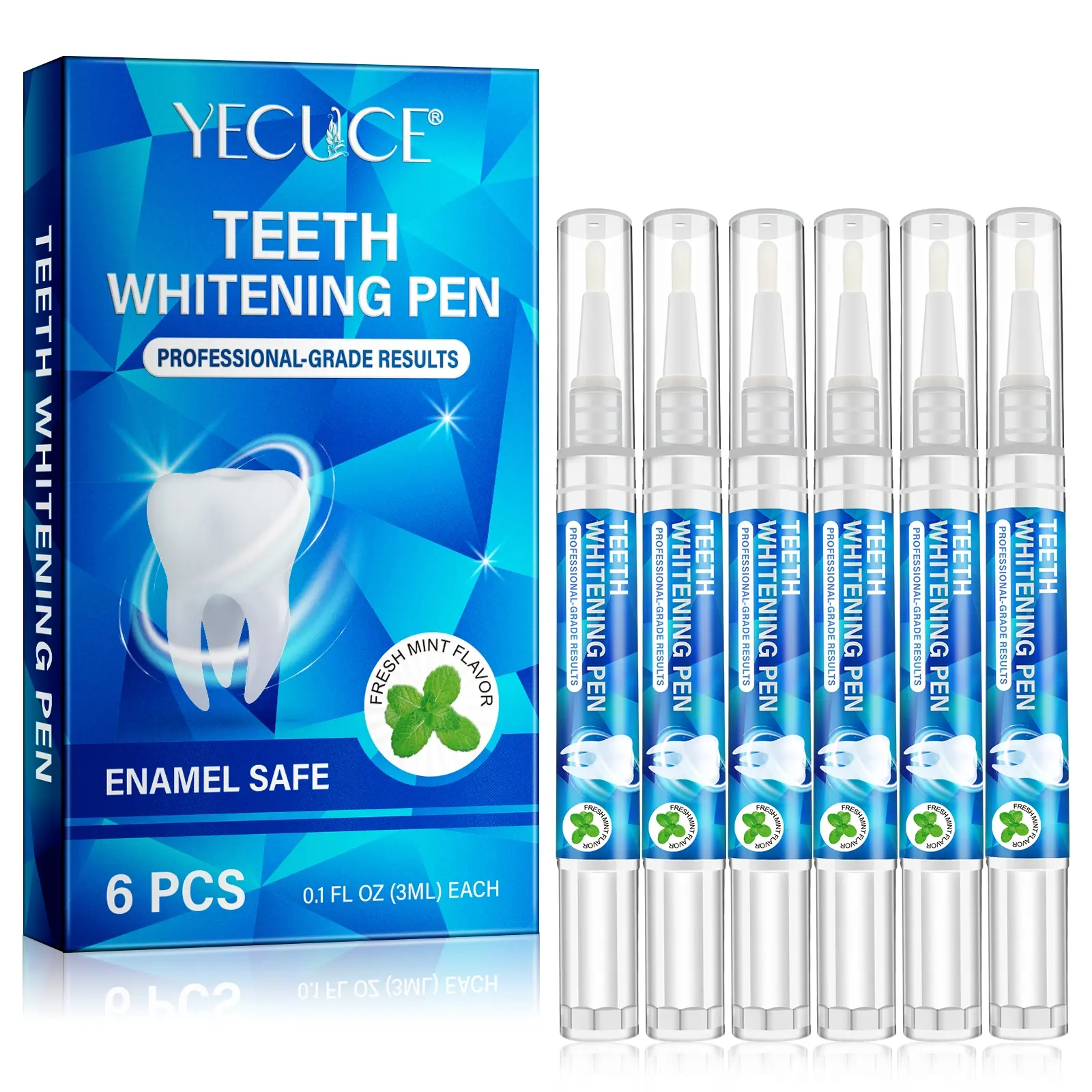 Yecuce Teeth Cleaning Pen 6pcs Teeth Whitener Pen Gel Fluoride-Free Fresh Mint Flavor Removes Stains Reduces Plaque Improves Oral Health Dental Care Tool