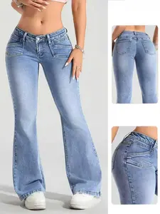 Stylish Casual Daily Women's High Elastic Denim Solid Flare Pants, Comfortable and Trendy Trousers for Everyday Wear