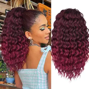 Curly Ponytail Extension  Drawstring Ponytail Hair Extensions for Women Long Kinky Curly Wavy Pony Tail Extension Synthetic Hairpiece for Daily Use(18 Inch,Black  Burgundy)