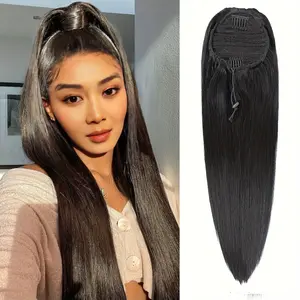2025 NEW Fashion Elegant Brazilian Virgin Human Hair Drawstring Ponytail Extension - Straight, 150% Density, Natural Black Color, Versatile Style, Elegant Hairstyle Enhancer | Sleek Straight Ponytail | Secure Drawstring Attachment, Ponytail Hair Extension