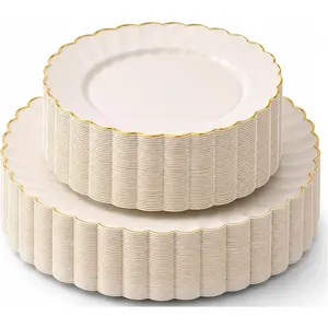 HEAVYWEIGHT Plastic Plates for Party | 60 count  Scalloped Plates with  Trim | Fancy Disposable Plates for Weddings, Bridal Showers & Events | 30 Dinner & 30 Dessert