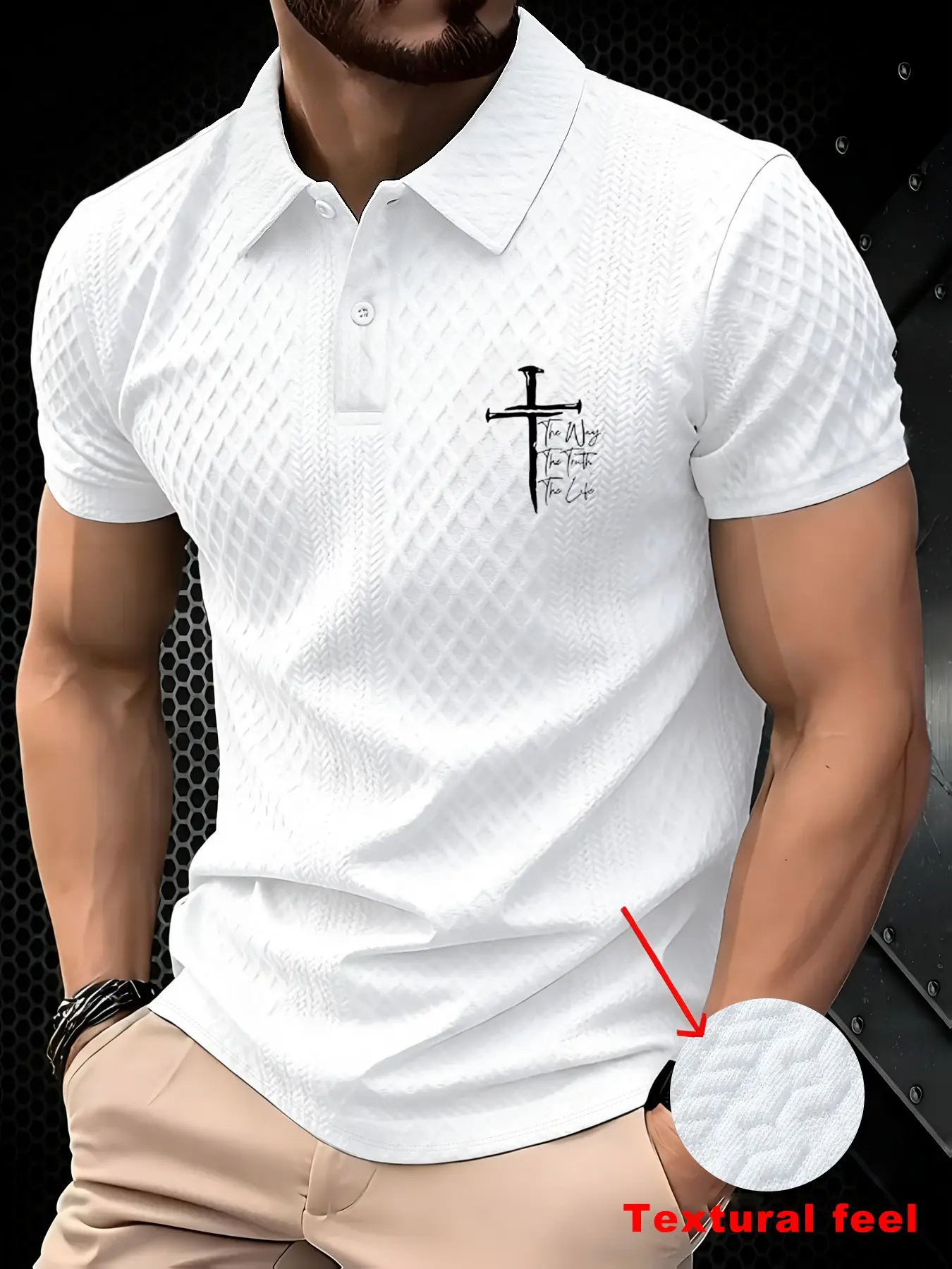 Men's Summer Fashion Textured Polo Short Sleeve Cross Sword Design, Casual Masculine Solid Color Shirt for Leisure, Vacation, Sports Commuting
