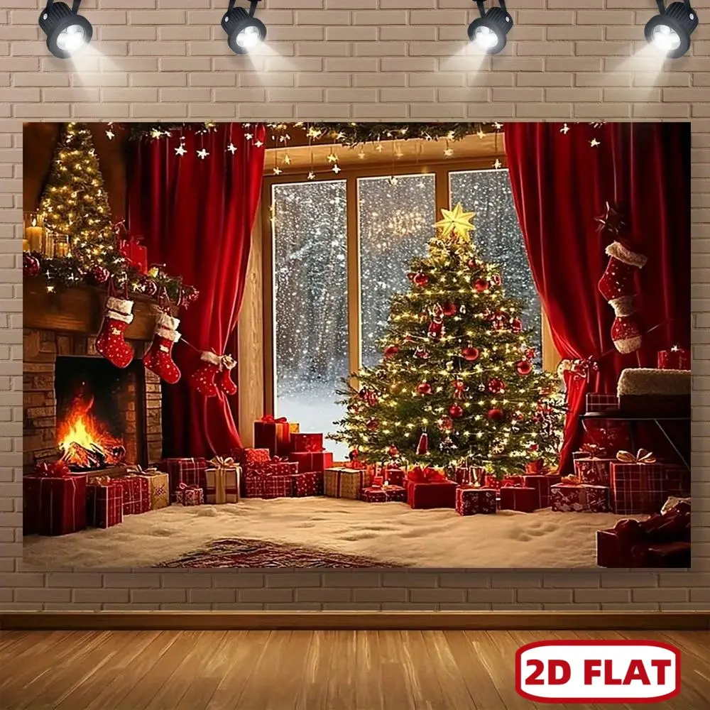 1pc 2D Flat Festive Christmas Tree and Fireplace Fabric Decoration - Cozy Holiday Ornaments with Snowy Window Panes, Golden Garlands, Warm Fireplace - For Photos, Parties, Seasonal Room Decor