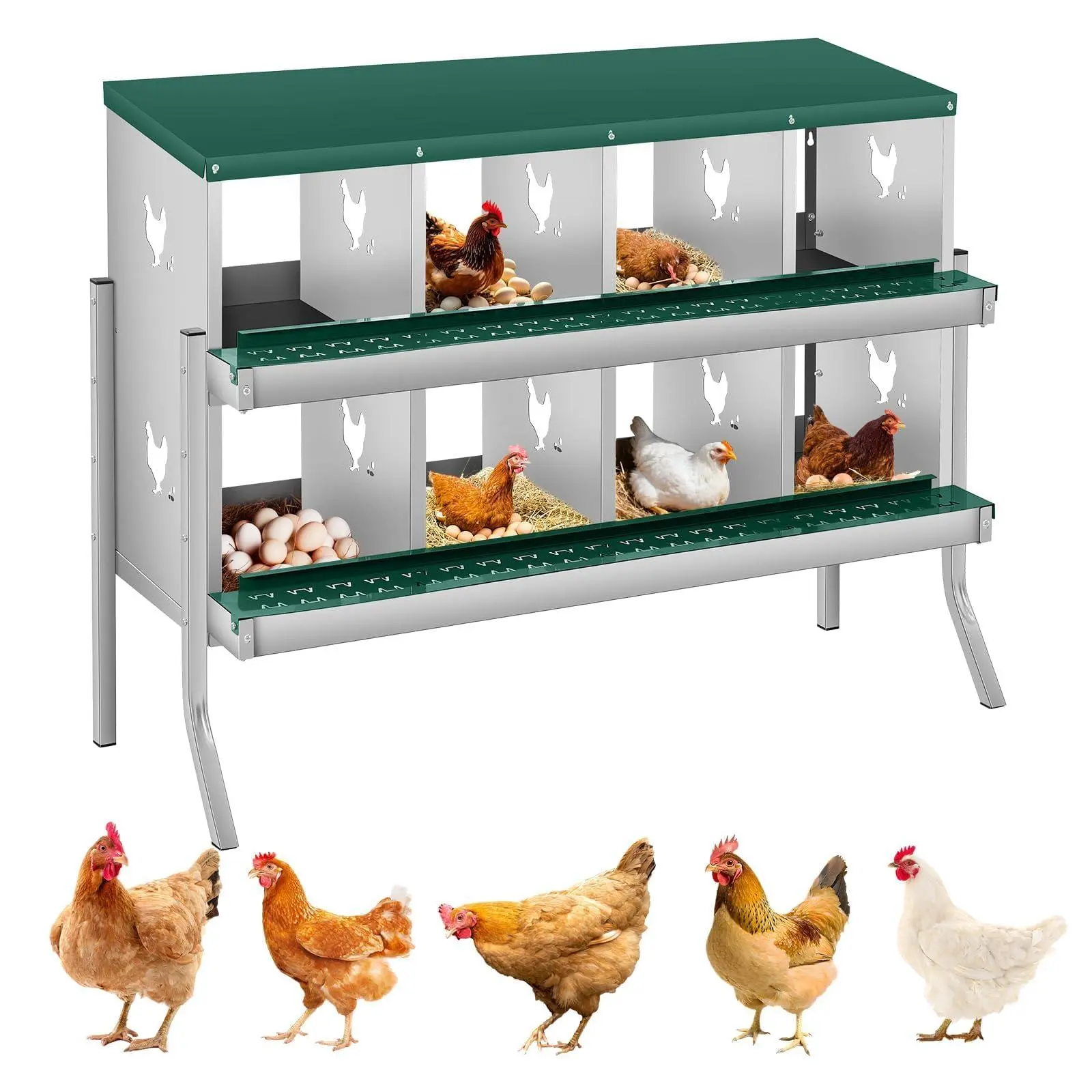 8-Hole Chicken Nesting Box, Rustproof Galvanized Steel, Wall-Mounted Metal Laying Box for Hens, Easy Egg Collection & Cleaning, Roll Away Nest Boxes - Green