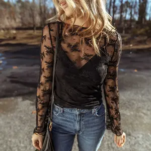 Black Lace Mesh Crochet Splicing Slim Fit Long Sleeve Blouse