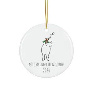 Sarcastic Cat Christmas Ornament, Funny Meet Me Under the Mistletoe Ceramic Ornament, 2024,