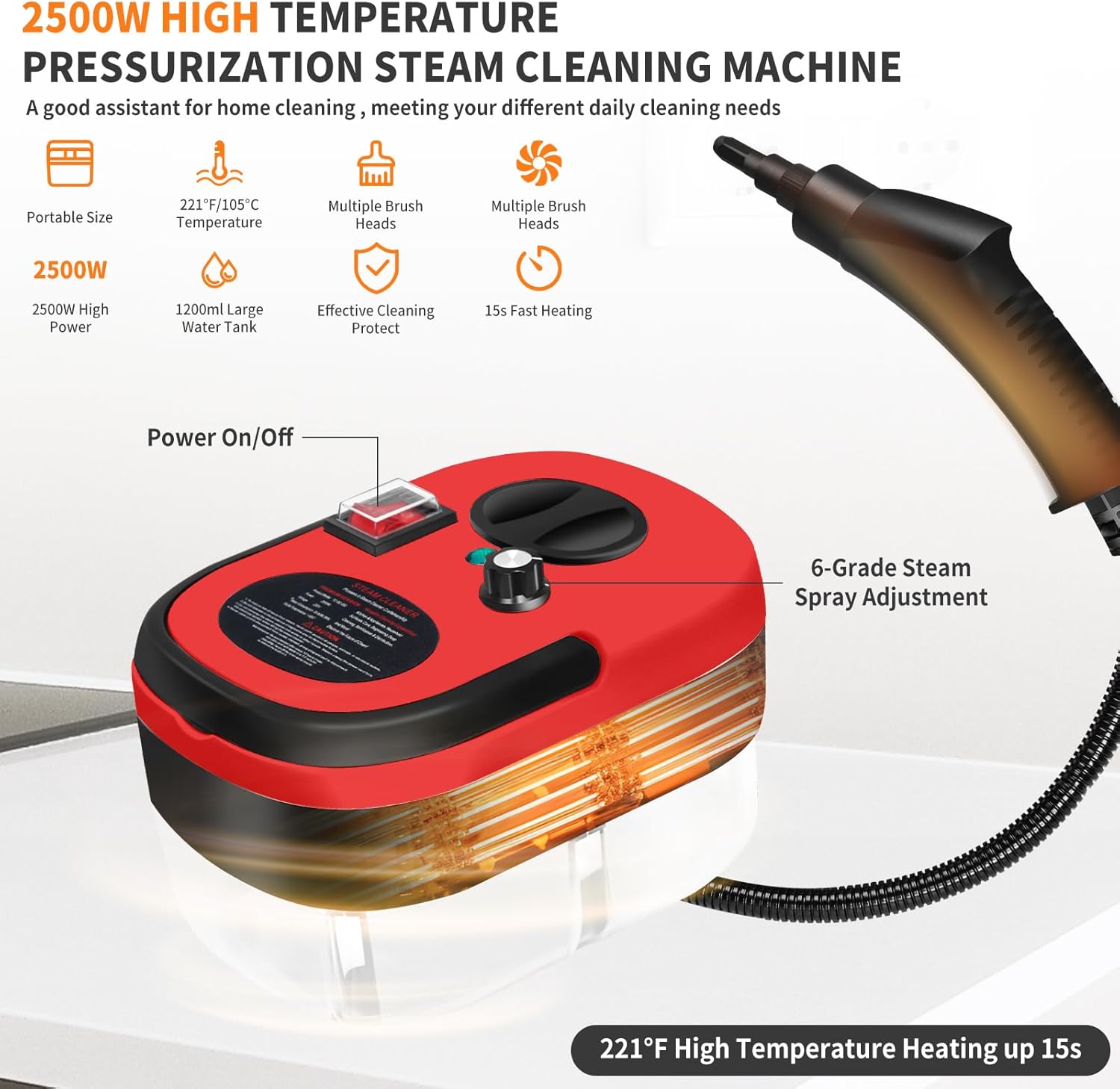 Pressurized Handheld Multi-Surface Natural Steam Cleaner with 14 Accessories, Powerful Chemical-Free Steam Cleaner, Suitable for Home and Cars, Cleaning Washing Machines, Air Conditioners, Kitchens, Summer Appliance Cleaning Tool. Home Use.