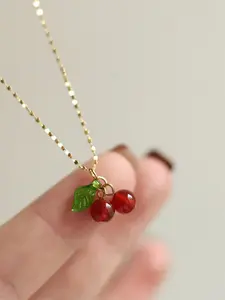 Sweet Design Cherry Decor Pendant Charm Necklace for Women for Gift, Stainless Steel Jewelry, Clavicle Chain for Girl