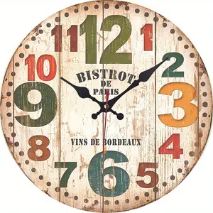 1-Pack Home Living Room Art Decor Wall Clock, European Vintage Large Numeral Wooden Round Wall Clock, New Silent Bedroom Wall Clock, No-Drill Wall Clock, Batteries Not Included