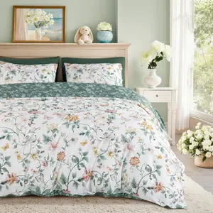 Sonoro Kate Home Floral Cotton Duvet Cover Set Soft Breathable Botanical Print Comforter Cover Moisture Wicking Skin Friendly Crisp Fresh Feel for All Season Sleep 3 Piece Set with Zipper Closure