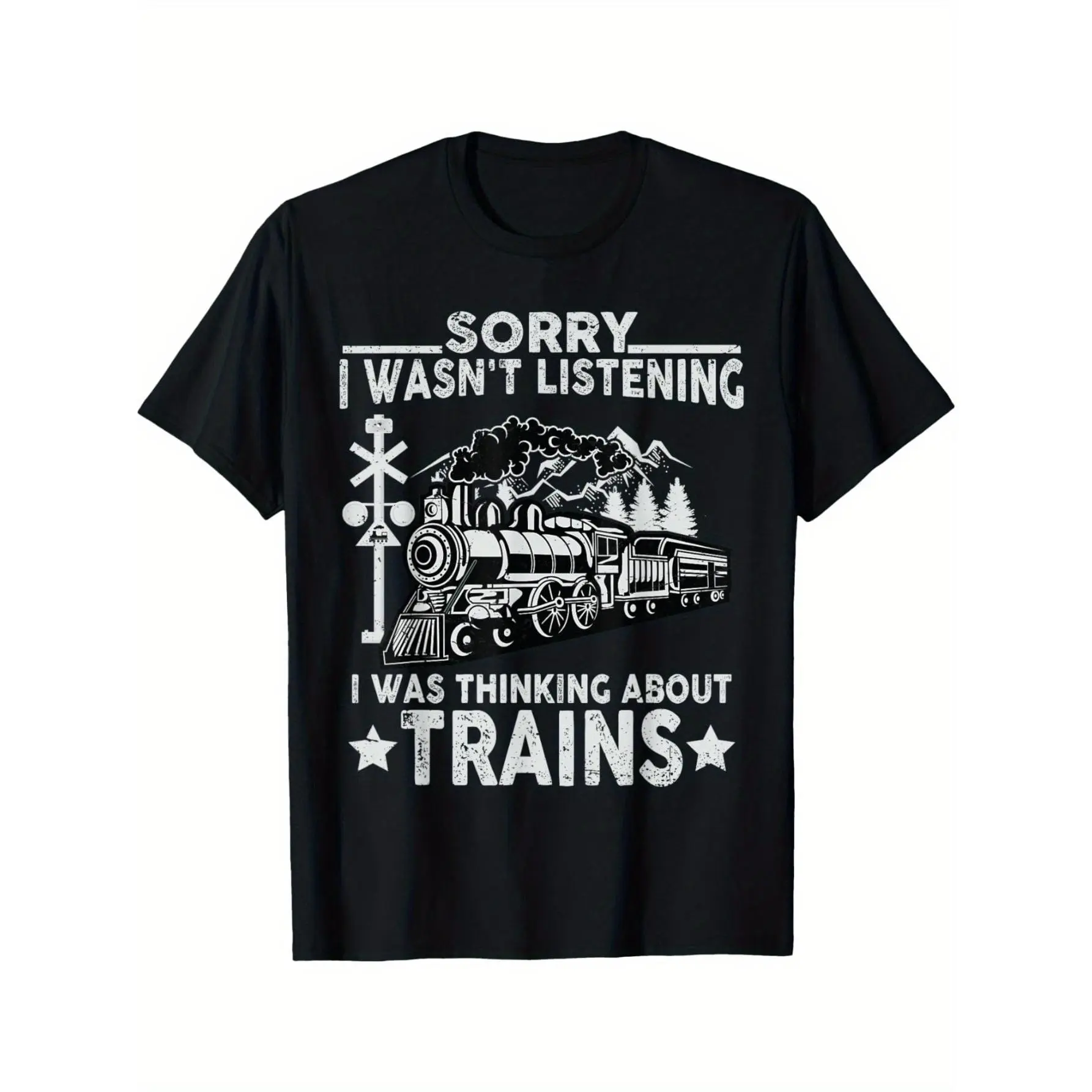 Men's Casual Round Neck Shortsleeve Tshirt, Cotton Fabric, Funny All Over Print Locomotive, Railway Steam Train Lover Tops