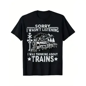 Menswear Men's Round Neck Short-Sleeve Graphic T-Shirt, Cotton Fabric, Funny Locomotive All-Over Print, Railway Steam Train Lover Tops