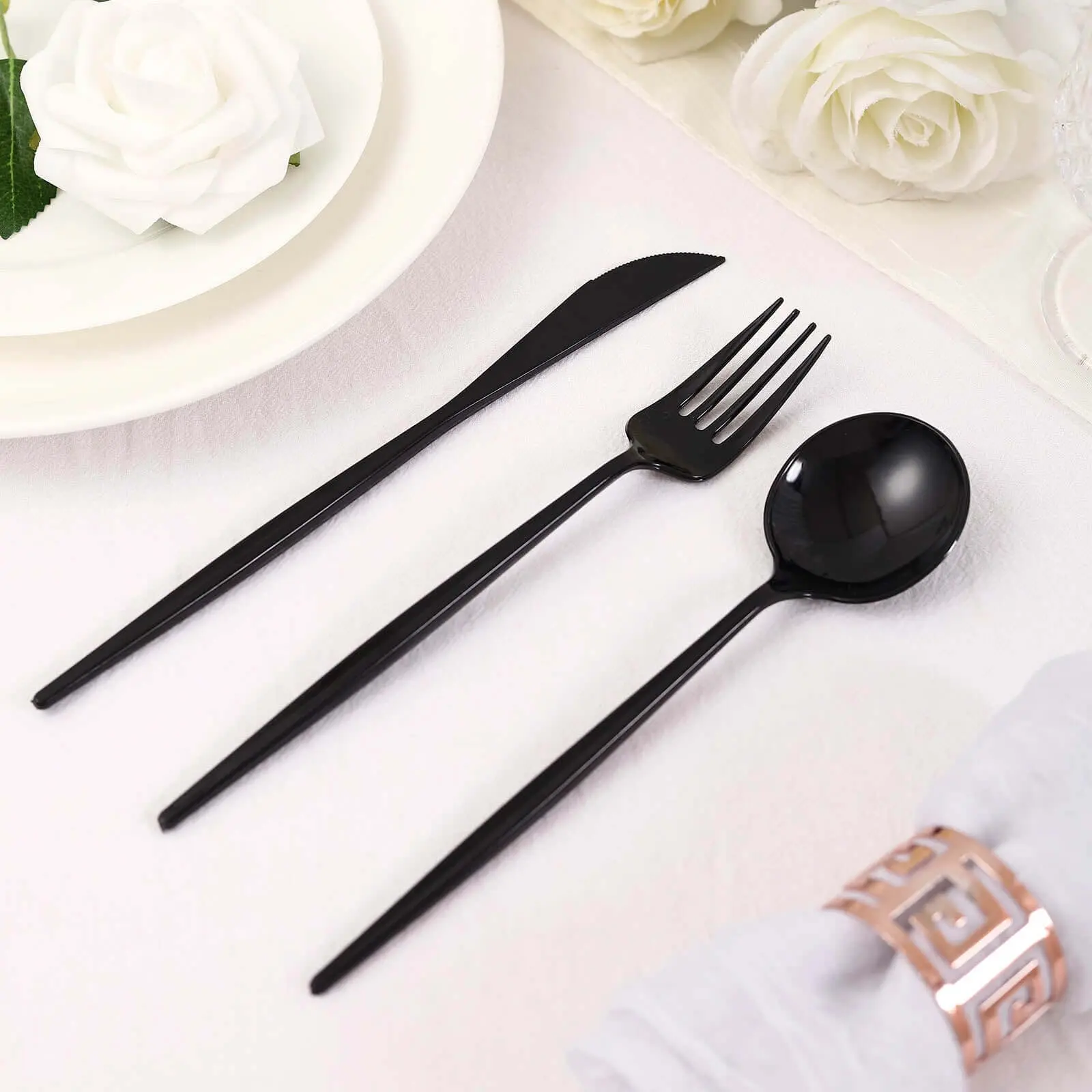 Premium 24-Pack Disposable Plastic Cutlery Set - 8" Black Spoon-Included Flatware with Sleek Modern Design, Ideal for Tableware & Dinnerware Needs