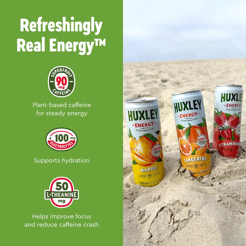 Huxley Superfruit Energy Drink Variety Pack - 90mg Natural Caffeine, Real Fruit Juice, 5g Sugar, Electrolytes, No Artificial Ingredients - 12 pack