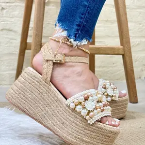 MARILYN Women's 8 cm Wedge Sandals with Beaded Embellishments and Jute Straps for Summer Style