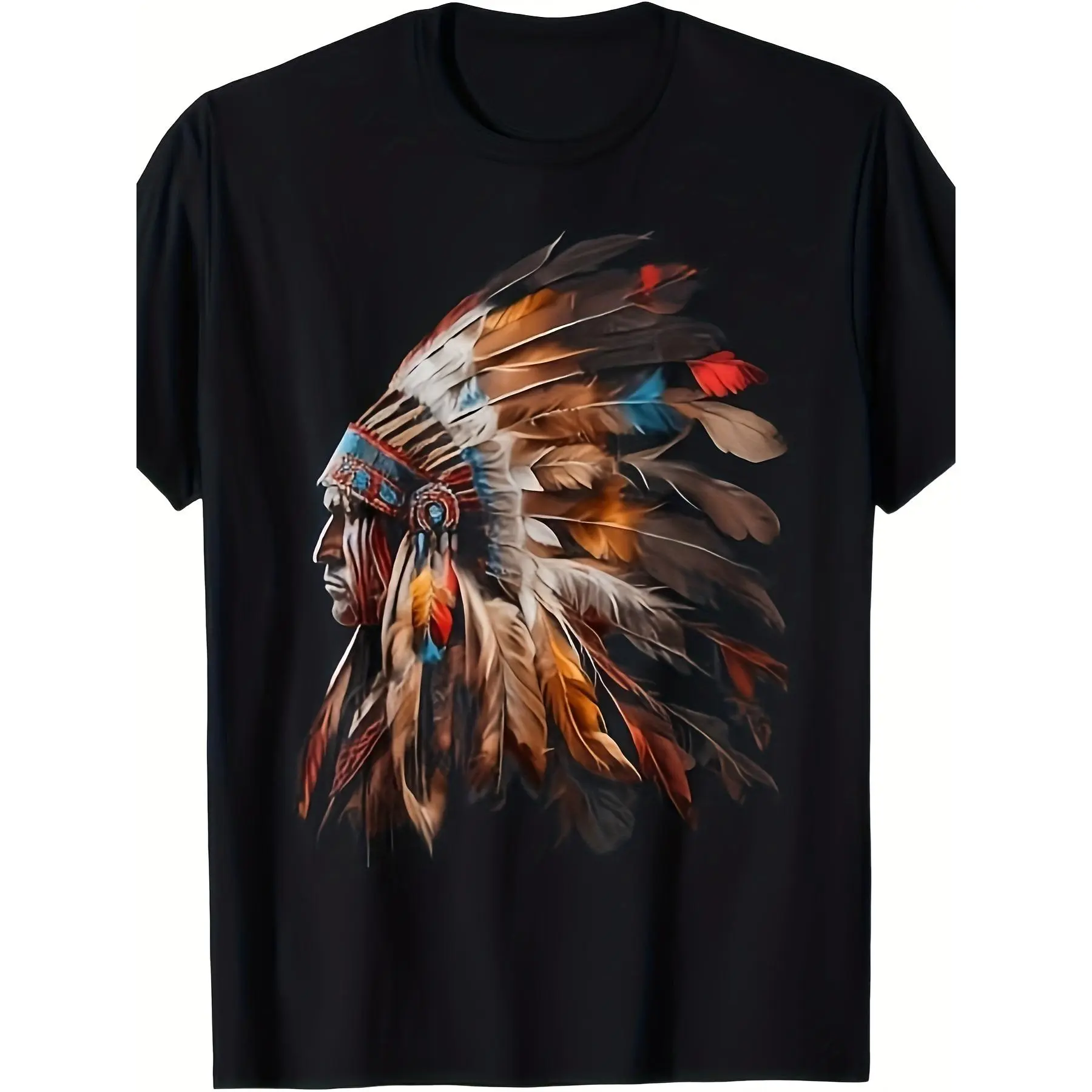 Mens Native American Indian Headdress Printed Streetwear T-Shirt, 220g Crew Neck Short Sleeve Top, Menswear Printed Shirt for Summer Sports & Outdoor Activities