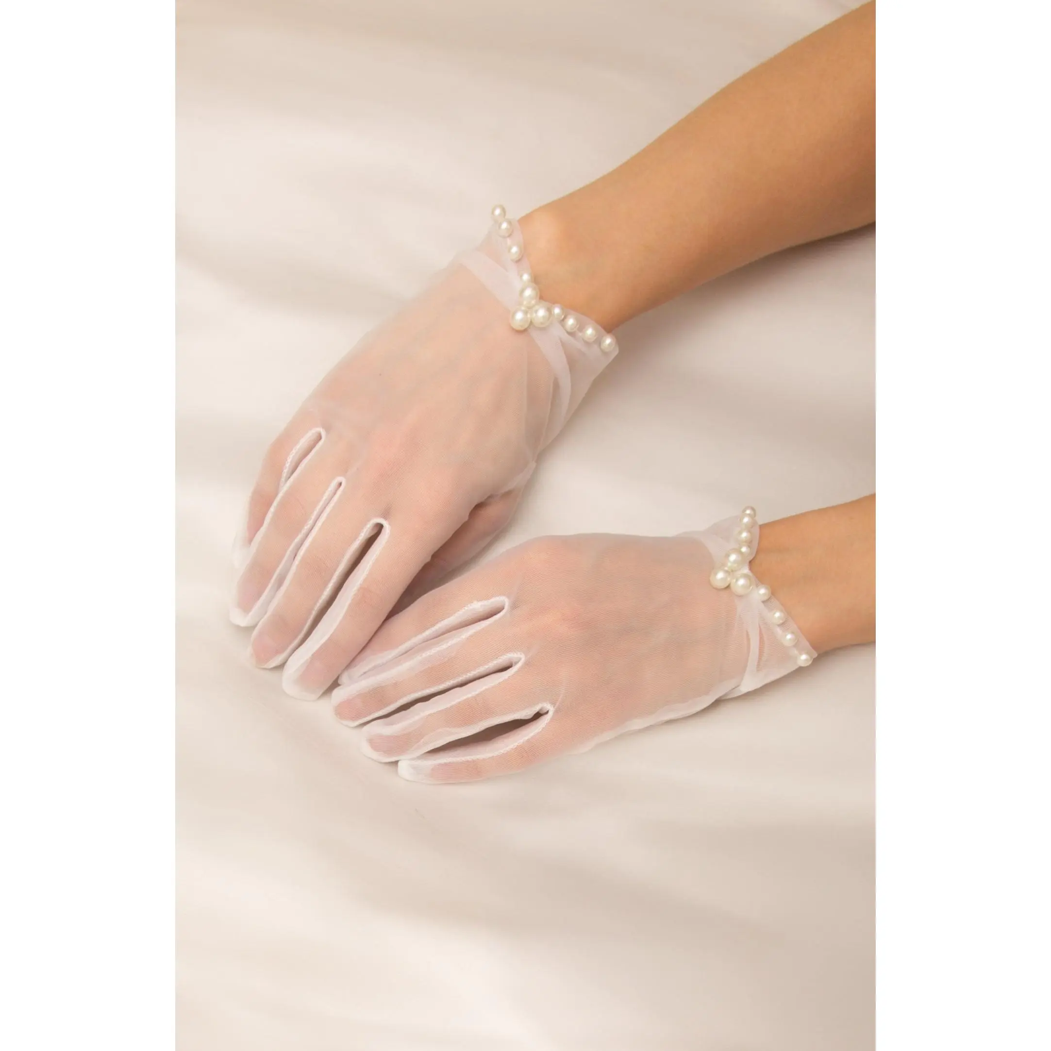 SP Sophia Collection Women's Bridal Hand Gloves, Shelly Sheer Mesh Wrist-Length Style with Pearl Trim for Wedding Events
