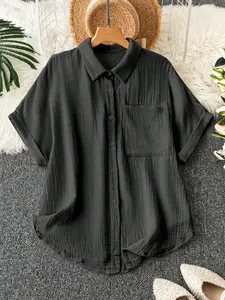 Plus Size Women's Shirt Blouse, Casual Button Front, Fitted Woven Fabric, Moderate Thickness, All Seasons Wear, Stylish Ladies Top for Everyday Use