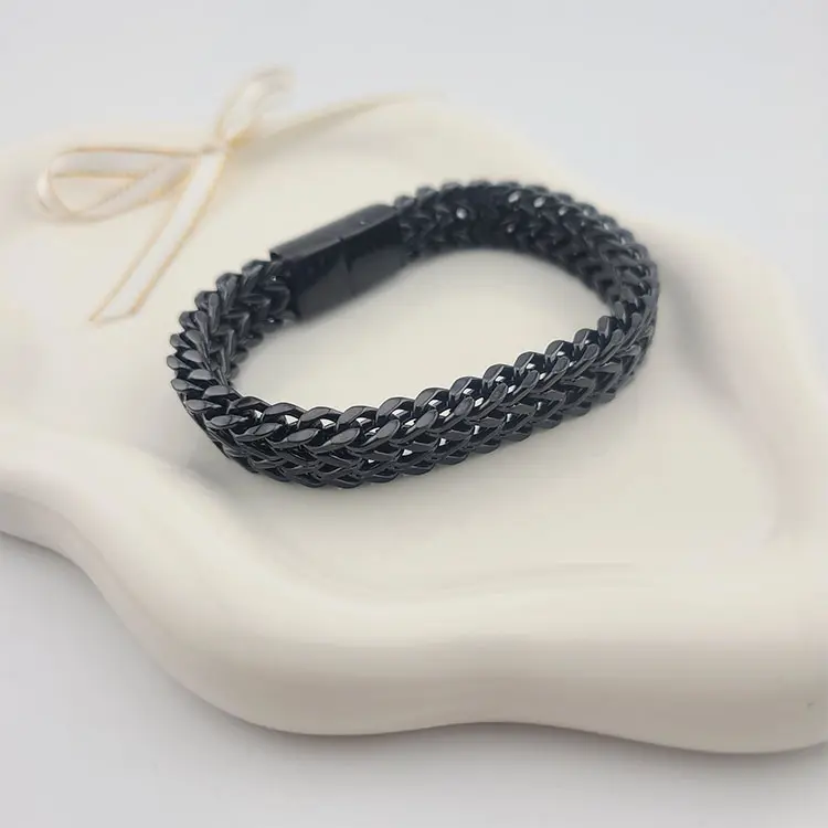 FWJ Men's Double Franco Link Bracelet, 11.5mm Bold Chevron Chain in Black Plated Stainless Steel, 8.5-Inch for Casual Daily Wear, Chevron Bracelet, Black Franco Bracelet