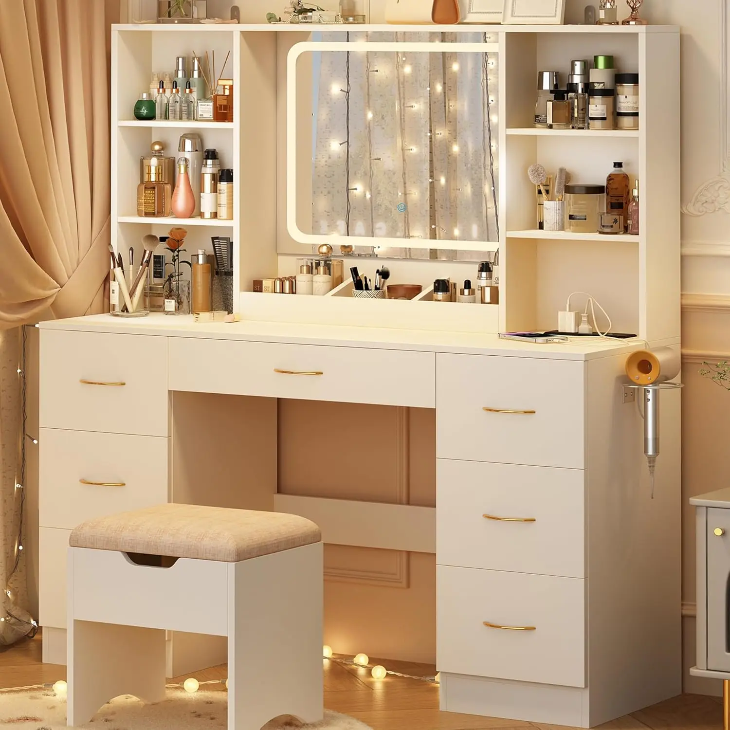 47 inch Large Vanity Desk w/ 7 Drawers,Cushion Stool,Outlet,6 Shelves,Black Make up Vanity Table Set 3 Lighting Modes Brightness for Bedroom Dressing Room