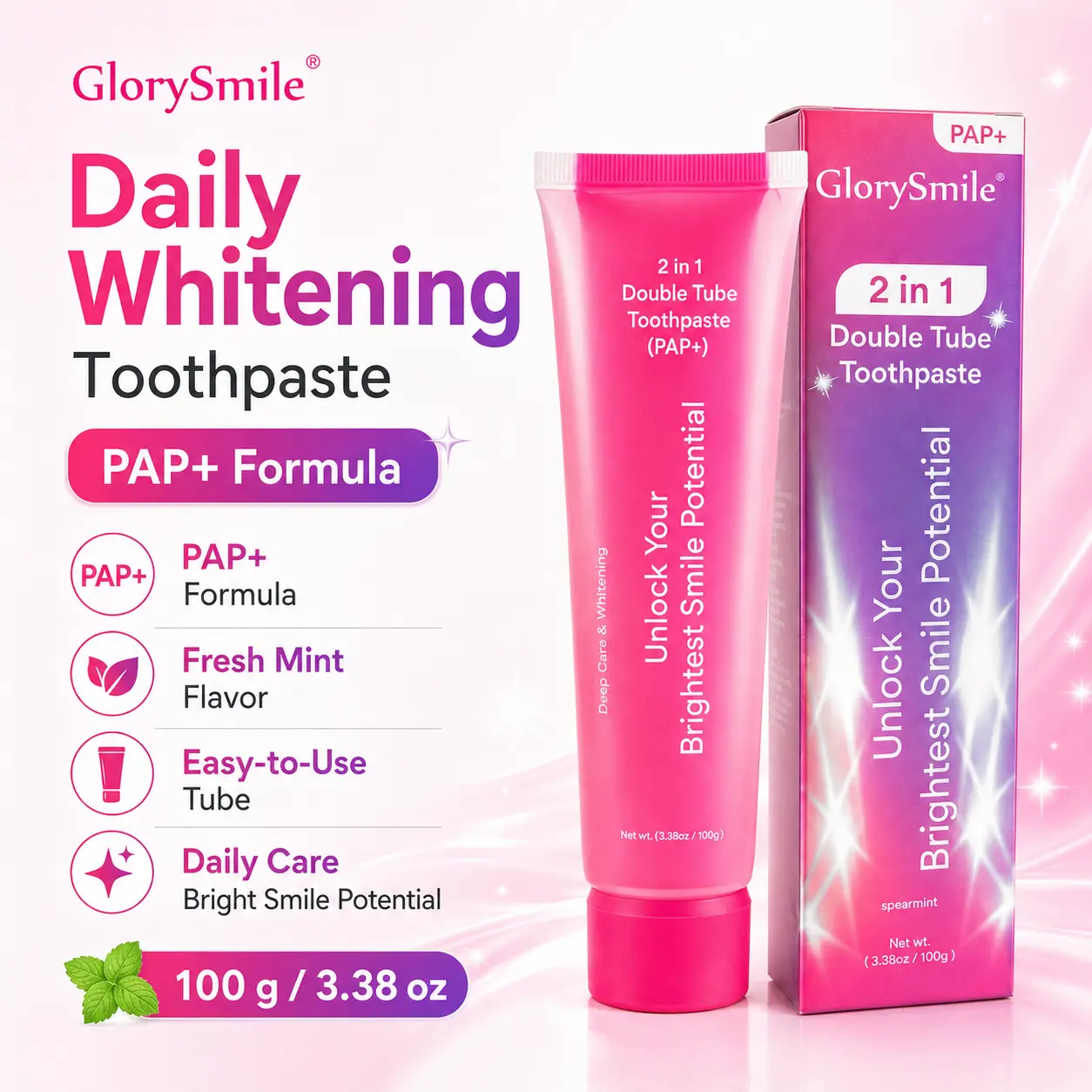 2-in-1 PAP+ Whitening Toothpaste Tube, Fresh Mint Daily Oral Care for Bright Smile, 3.38 oz/100g