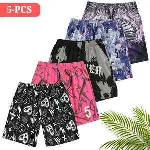 Men’s 5-Pack trendy printed side-pocket drawstring waistband sports shorts, quick-drying drawstring summer fitness running sports shorts, men's comfortable sports shorts, sports casual wear, sports shorts, regular fit shorts