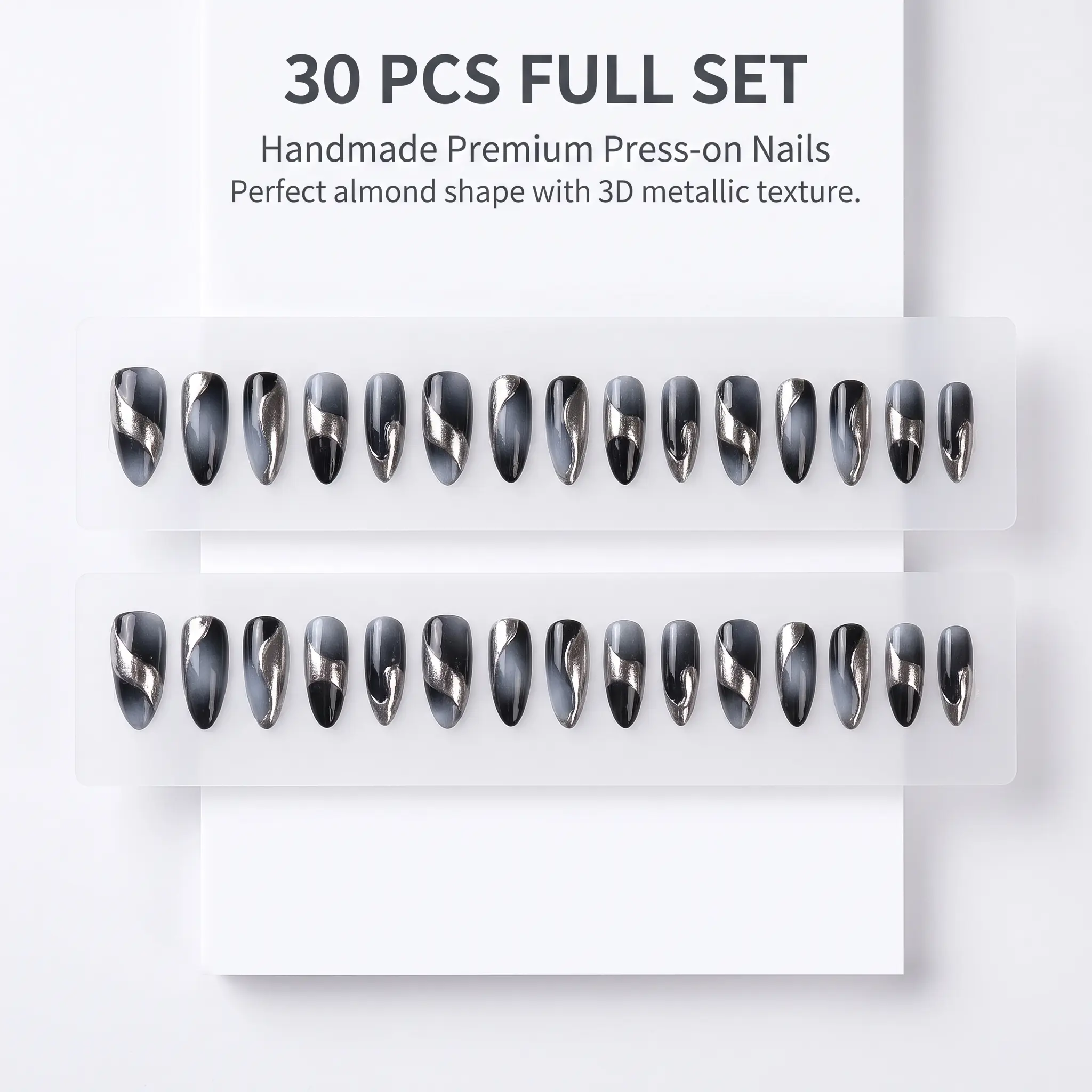 Zatvios 30Pcs Misty Blue Grey Liquid Silver Press On Nails 3D Metallic Wave Fake Nails For Bar Night Parties City Night Outing