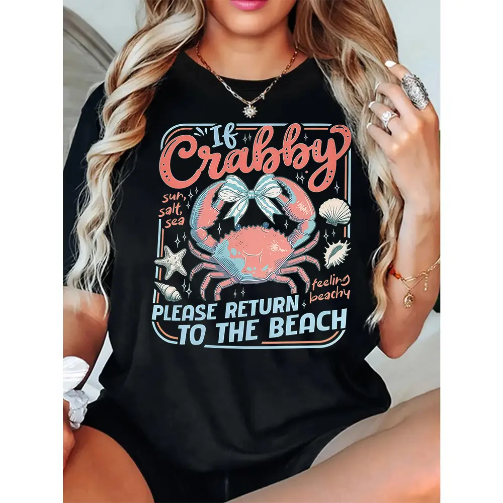 Men's Classic Stylish Baggy Seamless Elastic Shortsleeve Streetwear T-Shirt - Funny "If Crabby Please Return To The Beach" Graphic, Smooth Knit Cotton Fabric, Preppy Summer Bestie Trip Casual Top