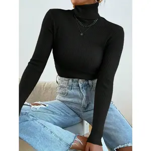 Basic Turtleneck Knit Sweater Without Necklace,Long Sleeve Tops Knit Pullover Fall Winter Outfits