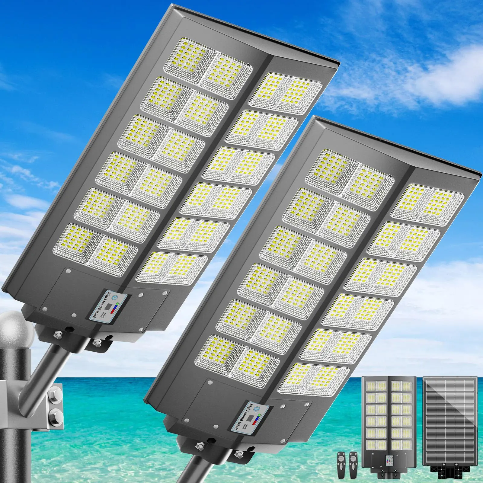 2-Pack Pro Large Solar Street Lights Outdoor IP67 Waterproof with Motion Sensor & 3 Lighting Modes for Yard Driveway Parking