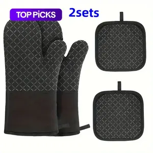 Silicone Heat Insulated Oven Mitts & Pot Holders Set (4 Counts/set), 2 Counts Non-slip Heat Resistant Oven Gloves & 2 Counts Insulation Pads for Kitchen Baking, Cooking