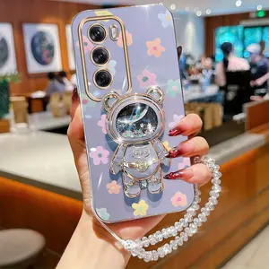 Reno12 Impact Resistant Plating Crystal Jewelry Strap Lanyard Phone Holder Case For Compatible With Oppo Reno 12 Colorful Flower Quicksand Astronaut Bear Stand Cover