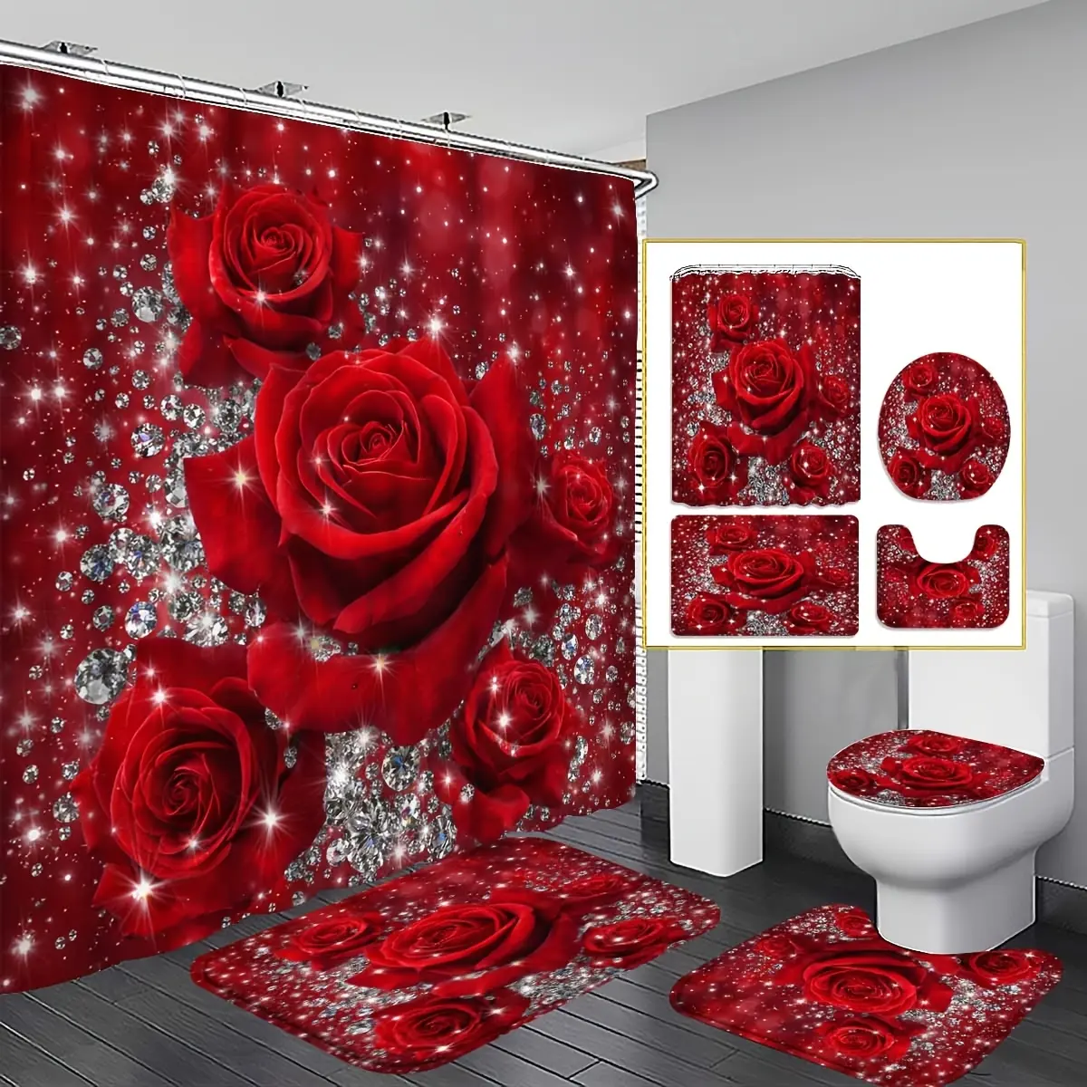 4pcs Red Rose Diamond Shower Curtain Set, Luxurious Red Rose Crystal Diamond Shimmering Bathroom Decor, Bathroom Accessories Including Bath Mat, U-Shaped Mat, Toilet Lid Cover, and 70.87x70.87inch Shower Curtain with 12 Hooks, Luxurious and Romantic