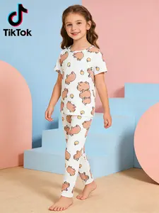 Round Neck Short Sleeves Long Pants Sleepwear Set, Capybara Cartoon Print, Skin-Friendly Breathable Home Wear 2-Piece Pajama Set
